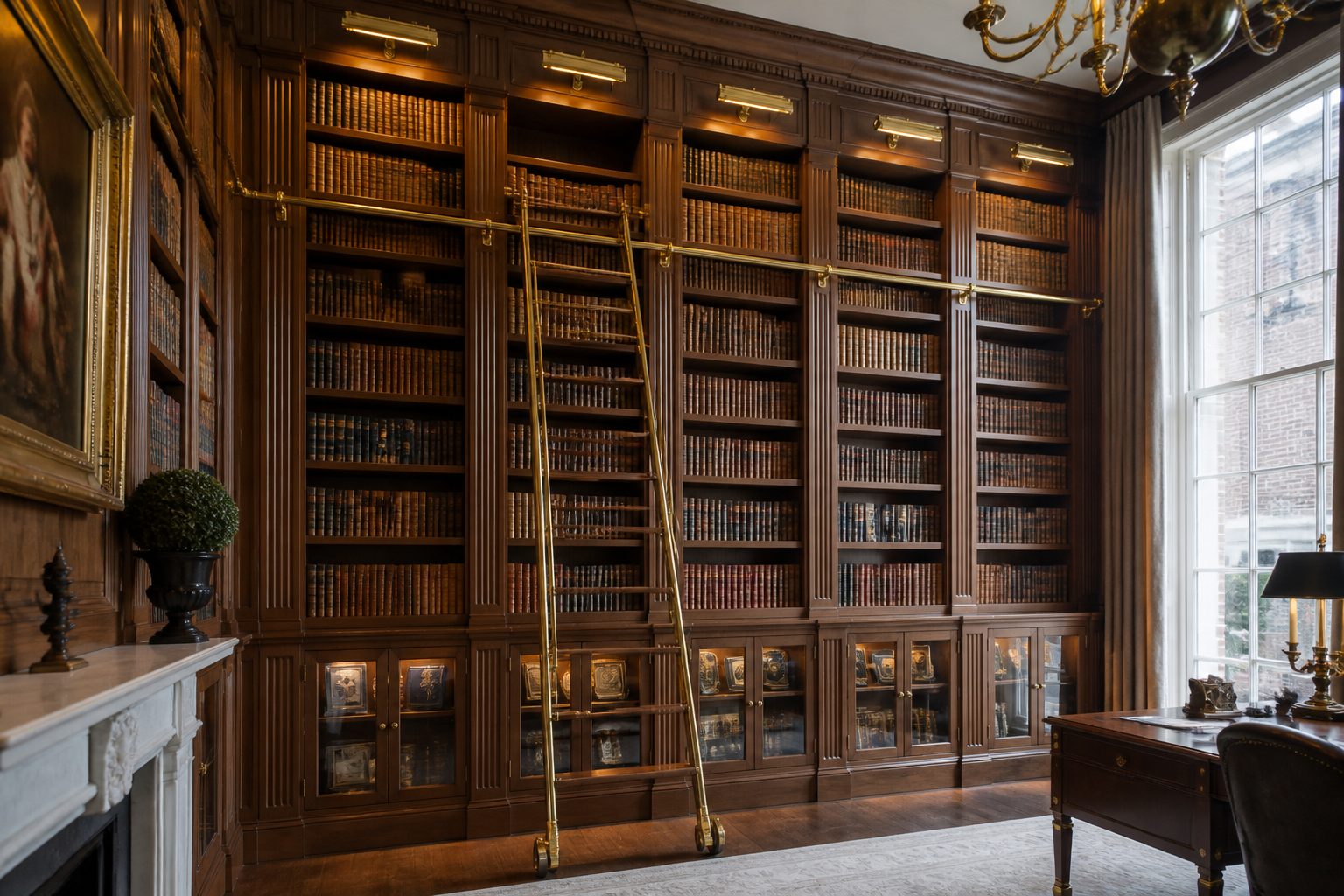 Library bookcase walnut rolling ladder London